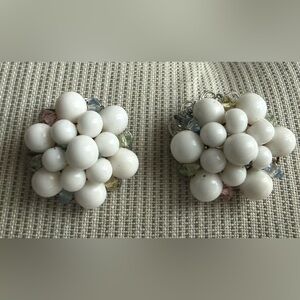 Vintage White Milk Glass & pastel faceted bicone Beaded cluster Clip-On Earring